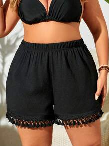 Swim Lushoire Plus Size Solid Color Elastic Waist Summer Cover-Up Shorts, Summer Beach - Black - View 3
