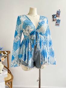 Soleia Damen große Größen Retro Blume Muster Patchwork Strick Mesh Offene Front Knotenaille Glockenärmel Top