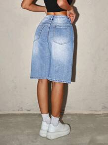 SHEIN Tall 女式渐变色口袋夏季休闲宽松牛仔短裤 - 淺色水洗藍 - 查看 3