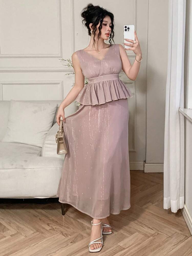 Women's Solid V-Neck Waist Splicing Ruffle Hem Sleeveless Elegant Mid-Length Dress