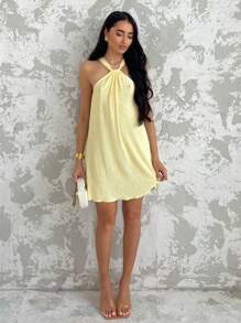 Glamine Women's Yellow Halter Sleeveless Dress, Pleated Soft Mini Dress, Women Short Dresses Summer,Summer Outfits For Women, Summer Dresses For Women,Vacation Outfits Woman,Graduation Dress