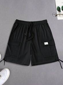 Manfinity LEGND Men's Mature Streetwear Drawstring Waist Cargo Shorts,Mature Men's Street Shorts. These Men's Shorts Choose A Classic Black Tone To Be Low-Key And Versatile. Custom Black Leather Labeling Is Adorned On The Packing Pockets, Adding Recognition To The Overall Design, And A Low-Key Attitude Is Displayed In The Details. It Is Suitable For Easy Social Activities Such As Daily Leisure, Weekend Trips, Friends' Gatherings, Travel And So On. These Trousers Are An Indispensable Item In A Man's Wardrobe And A Great Gift For A Boyfriend Or Husband. - Black - View 5