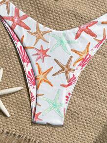 Swim Mod 2pcs Set Summer Holiday Seashell Print Textured Triangle Bikini Top And High Cut Swim Trunks Sexy Swimsuit