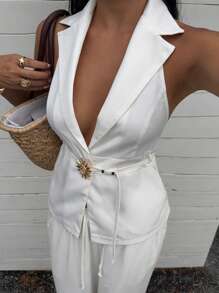 SHEIN EZwear Women's Sleeveless Solid Color Fashion Distressed Lapel Neck Suit Vest, Suitable For Summer - White - View 3