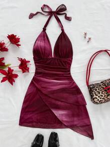 Soleia 复古渐变露背 V 领系带网眼荷叶边不对称下摆浪漫度假性感迷你连衣裙女式 - 彩色 - 查看 6