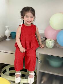 SHEIN Set Rompi dan Celana Merah untuk Bayi Perempuan, Tampilan Liburan yang Menggemaskan - Merah - View 2