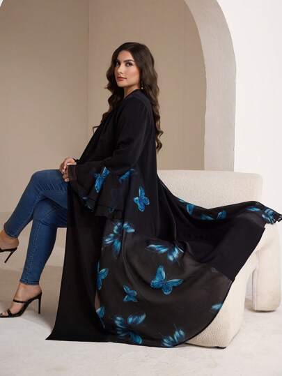 Al Najma 加大码女式花卉蝴蝶印花宽松喇叭袖阿拉伯长袍开衫外套蝴蝶长袍连衣裙、长袍、端庄