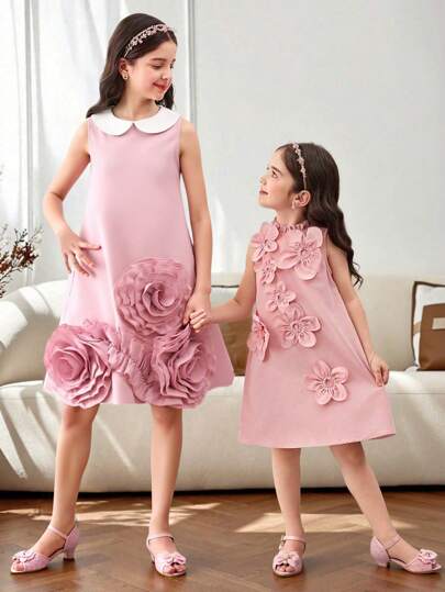 SHEIN 青少年女孩休闲优雅合身拼色领无袖宽松 A 字纯色连衣裙，带 3D 花朵装饰