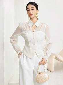 Heiryn Women's Elegant Mesh Patchwork Faux Pearl Button Front Summer Luxury Top - White - View 3
