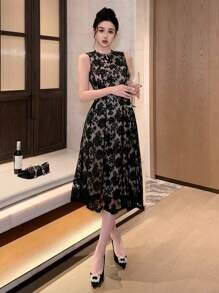 DAZY Lace Round Neck Sleeveless A-Line Pleated Mid-Calf Dress For Women