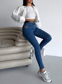 SHEIN PETITE Petite High Waist Dark Wash Skinny Jean - Dark Wash - View 4