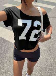 Jouncy 女式数字印花露肩短袖休闲T恤，夏季 - 黑色 - 查看 3