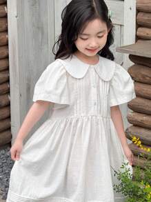 SHEIN Young Girls' Casual Beige Color Large Lapel Dress - White - View 4