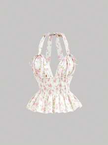 SHEIN MOD Floral Print Ruffle Halter Neck Women Top, Bow Decor, Ruffle Hem, Romantic, Holiday, Date,Valentine Day,Vacation Woman,Birthday For Women,Beach For Woman,Cute Tops - White - View 1