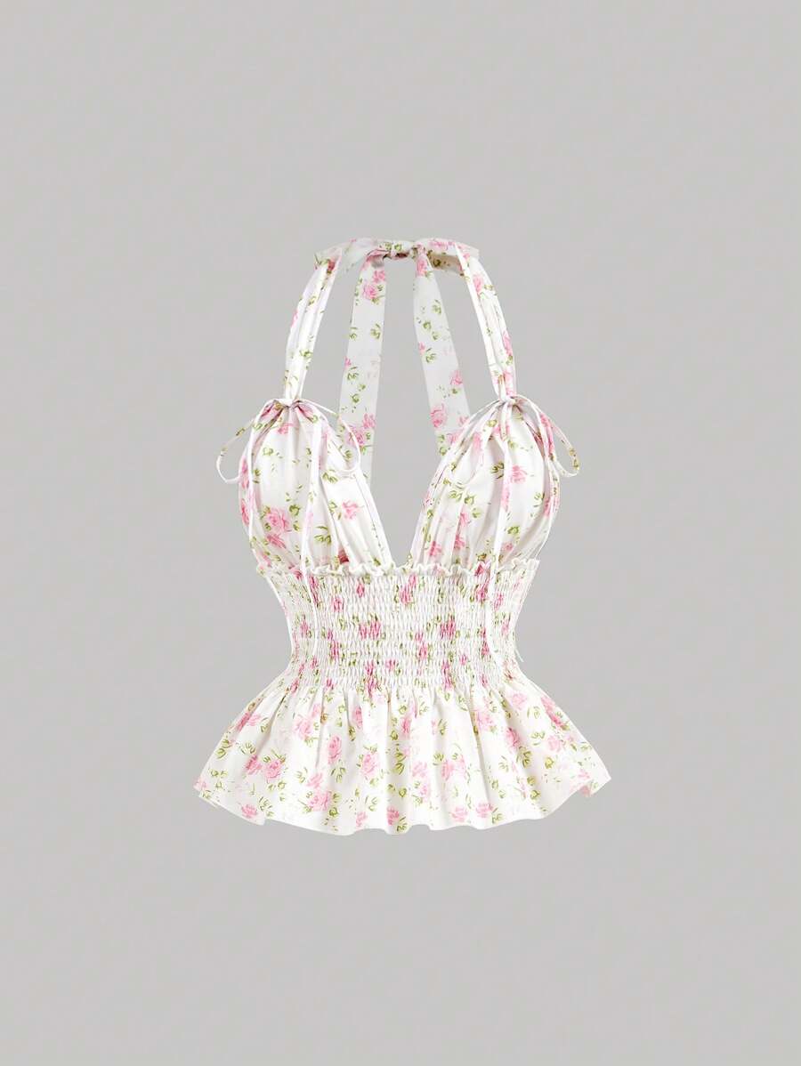 SHEIN MOD Floral Print Ruffle Halter Neck Women Top, Bow Decor, Ruffle Hem, Romantic, Holiday, Date,Valentine Day,Vacation Woman,Birthday For Women,Beach For Woman,Cute Tops - White - View 1