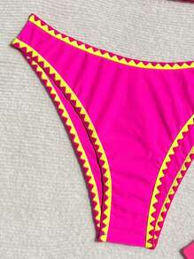 Swim Vcay 2pcs/Set Fuchsia & Yellow Contrast Color Shell Trim Adjustable Strap Women Bikini Set, Spring/Summer 2026