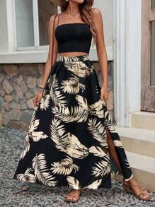 SHEIN PETITE Leopard Print Slit High Waist Summer Women Skirt, Casual Vacation Style Fall Cloth For Women - Multicolor - View 3