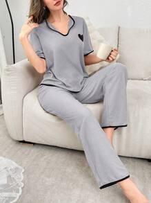 心形印花女式休闲家居服套装 - 淺灰色 - 查看 6