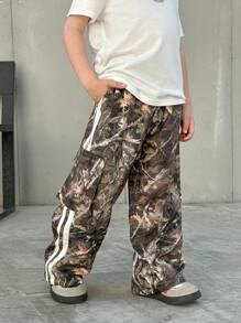 SHEIN 1 件年轻男孩休闲运动可爱日常舒适街头印花腰带直筒裤，适合外出、学校、聚会、春夏秋冬季节、返校、秋季迷彩裤迷彩工装裤男童迷彩裤男童迷彩裤男童工装裤