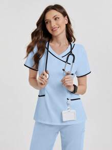 TaskEZ 撞色镶边V领口袋短袖制服上衣 - 淺藍色 - 查看 6