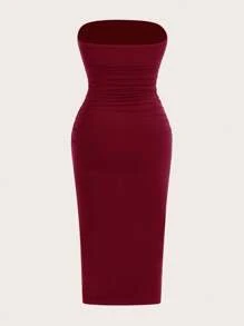 SHEIN EZwear 女士多色无袖针织褶皱开衩优雅连衣裙 - 酒紅色 - 查看 6