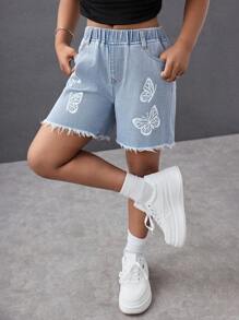 Tween Girls Y2K Fashion Streetwear Light Blue Washed Butterfly Print Cute Denim Loose Baggy Elastic High Waist Bermuda Shorts Denim Baggy Long Short With Raw Hem,Girls Summer Beach Boho Vacation Shorts, Summer Concert Festival Casual Rave Outfits, Girls Summer Brunch Church Graduation Outfits,Streetwear Back To School Outfits - Light Wash - View 8