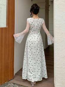 Modelyn 女式法式花卉印花荷叶边蕾丝喇叭袖连衣裙，春夏 - 綠色 - View 2