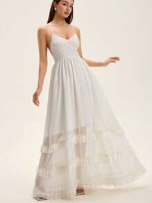 SHEIN Unity French Elegant Pure White Pearl Chiffon V-Neck Spaghetti Strap Pleated Bust Cinched Waist Layered Ruffle Sleeveless Maxi Dress For Summer - White - View 4