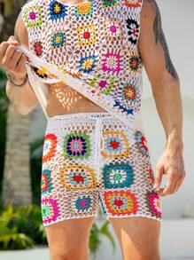 Manfinity Swimmode Men's Bohemian Style Round Neck Sleeveless Knitted Top And Shorts, 2 Pieces Knit Suit Crochet