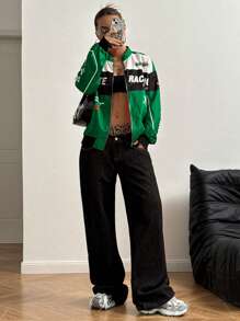 SHEIN Unity 字母图案撞色落肩飞行员夹克新年衣服