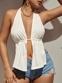 SHEIN SXY Summer Front Slit, Backless, Knotted Halterneck Beach Top