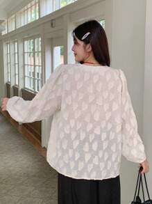 Dazy Plus Plus Size V-Neck Lace Trim Loose 3/4 Sleeve White Shirt Long Sleeve Top - White - View 2