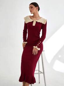 CLARA VERO Women Peter Pan Collar Rib Knit Front Button Ruffle Trim Knit Dress Sleeve Long Sweater Dress,Winter Dresses - Burgundy - View 4