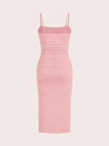 SHEIN EZwear 2件套女士夏季针织基本款修身吊带背心连衣裙 - 粉色 - 查看 8
