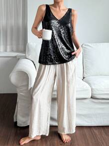 DAZY Shiny Sequin Lightweight Women's Pajama Top,New Year - Black - View 7