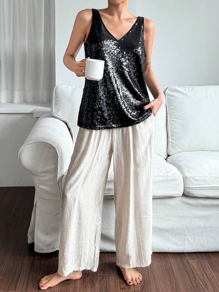 Shiny Sequin Lightweight Women's Pajama Top,New Year