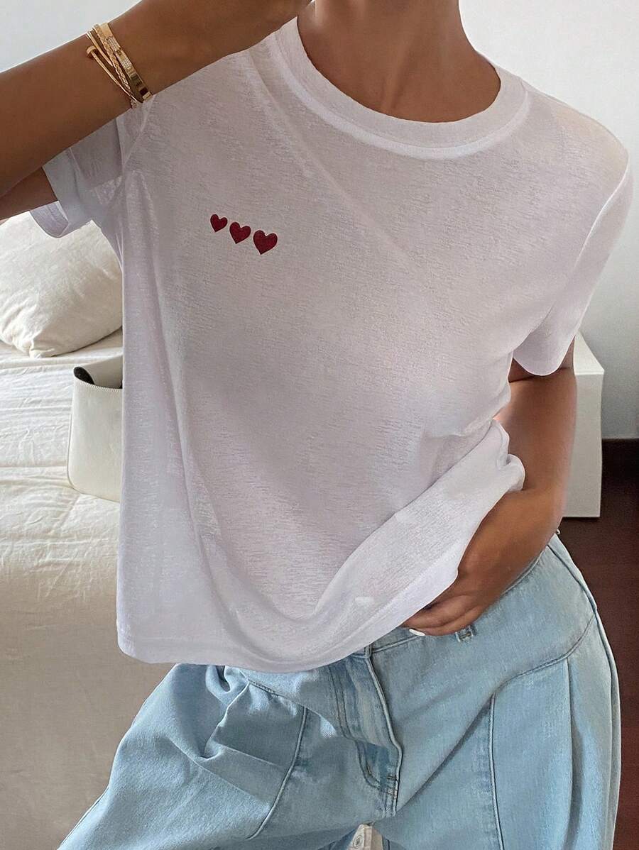 DAZY 女士心形印花宽松休闲短袖上衣/T恤，夏季 - 白色 - 查看 1