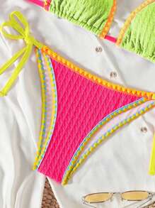 Swim SXY Springbreak 女士沙滩装夏季比基尼套装，拼色交叉肩带上衣和侧系带下装，性感两件套泳衣套装，节日波西米亚风 - 彩色 - 查看 6