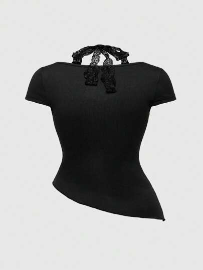 Goth Gothic Cross Pendant Lace Splice Mock Neck Fitted Plus Size Women T-Shirt