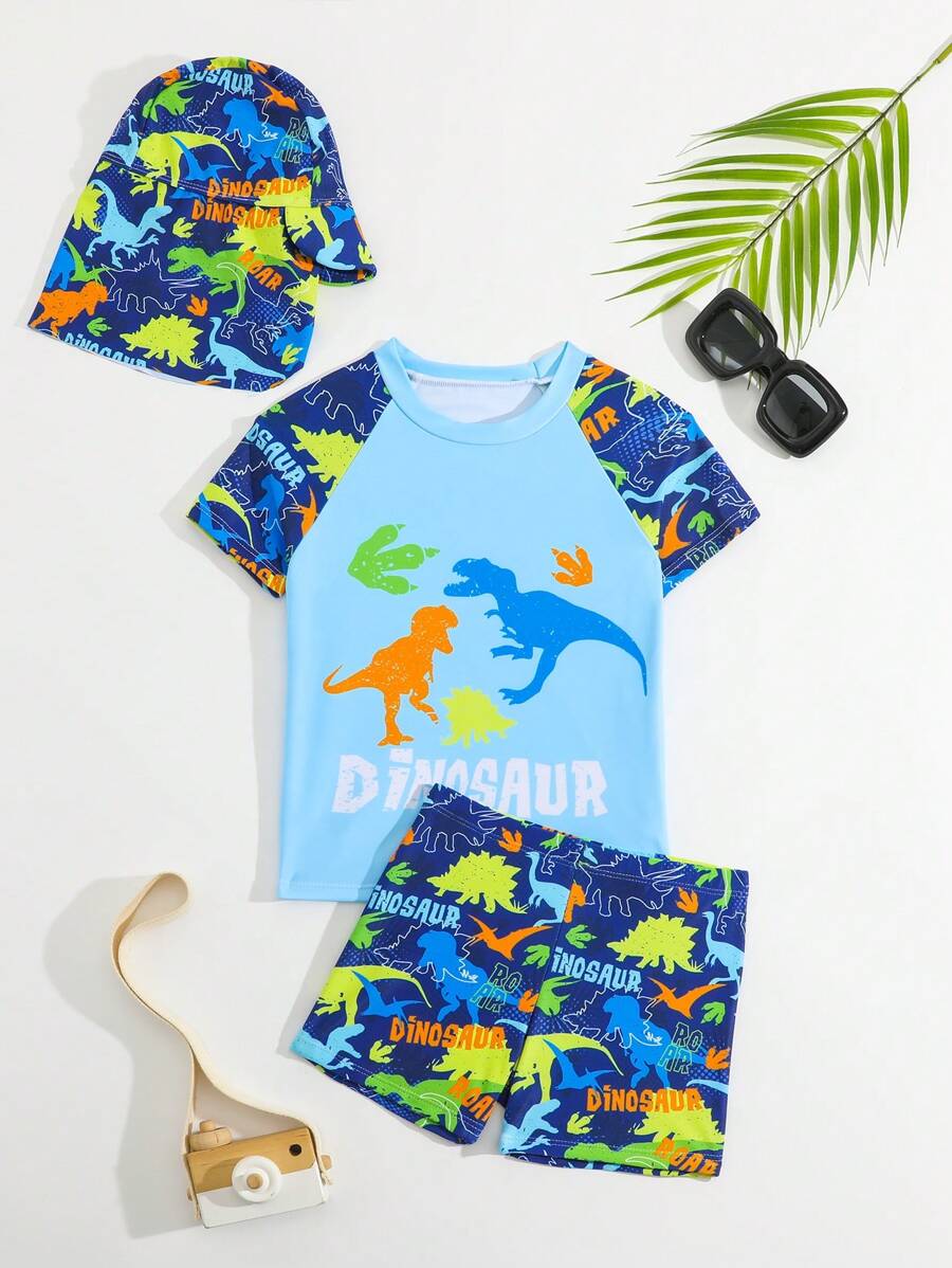 Young Boy Dinosaur Printed Swimsuit Set With Hat Boys Dinosaur Clothesboys Swim Set - Multicolor - View 1