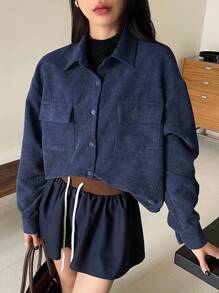 FRIFUL 女式海军蓝宽松灯芯绒口袋装饰短夹克 - 藏蓝色 - 查看 3