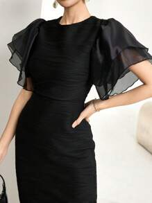 Modelyn Ruffle Sleeve Jacquard Textuur Slanke Jurk Lange Avondjurken