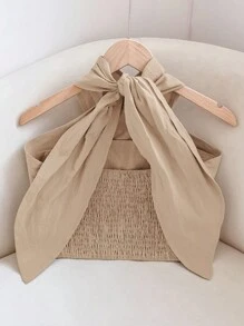 SHEIN VCAY Plus Size Women Summer Solid Color Criss-Cross Halter Crop Top - Khaki - View 2