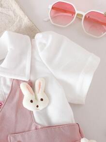 SHEIN Baby Girls 2025 Summer New Sweet Style Short Sleeve Top + Suspender Shorts Outfit, With Lovely Rabbit Decor - Pink - View 6