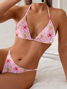 Women's 2pcs Set Tropical Plant Print Halter Sexy Bikini Swimsuit - Multicolor - View 1