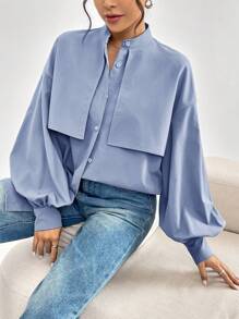Mulvari Women's Casual Loose Solid Lantern Sleeve Blouse - Blue - View 3