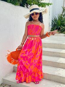 青少年女孩度假休闲夏季花卉印花弹力抹胸迷你裙两件套长裙春夏 - 橘色 - 查看 3