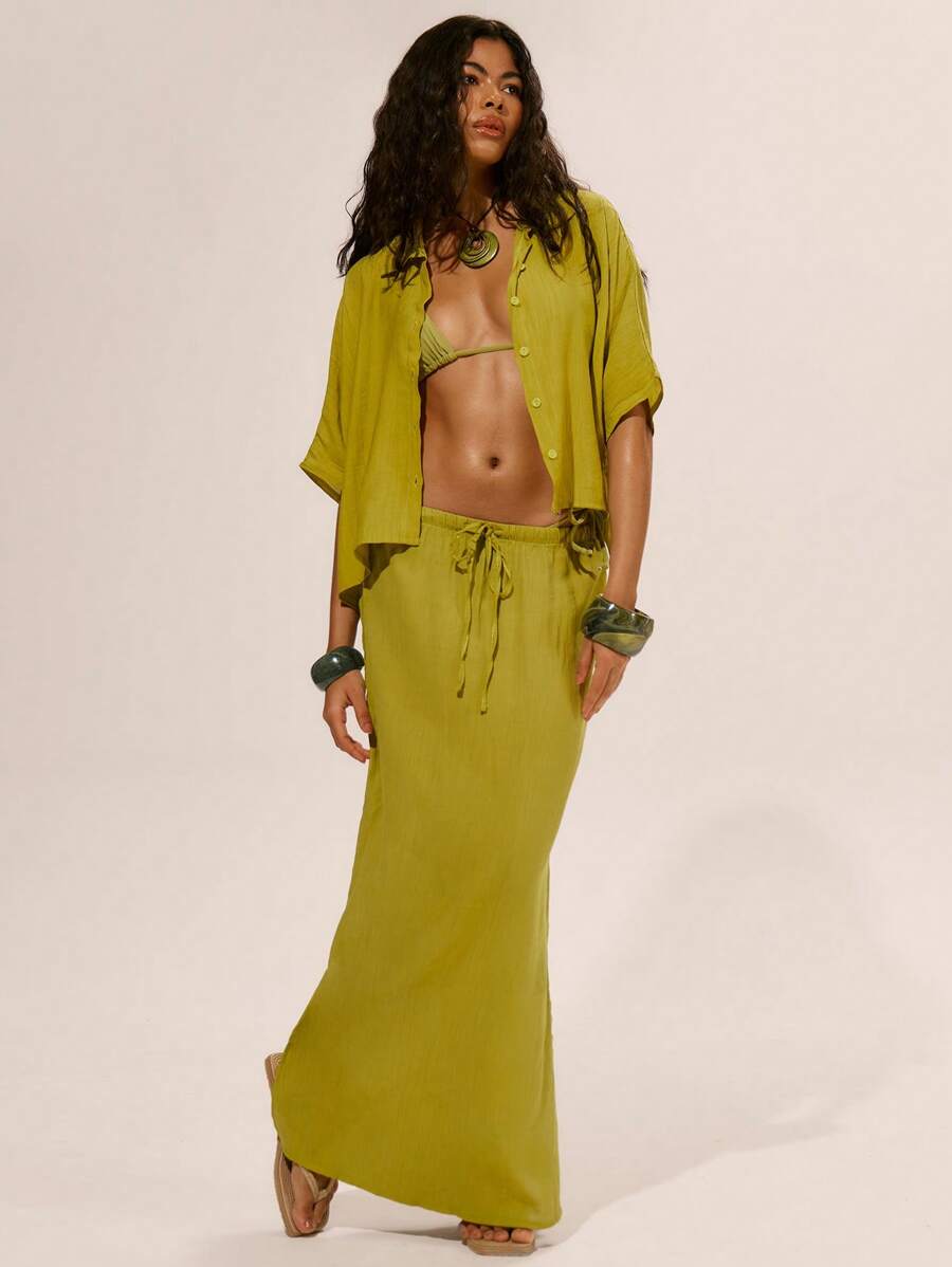MUSERA Chân váy maxi thắt eo bằng chất liệu satin, thích hợp cho kỳ nghỉ hè ở Ibiza, dễ thương, lãng mạn, lễ hội, du lịch, đi biển, thanh lịch, thường ngày. - Màu vàng - Xem 1
