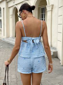 Serisse 2 件套女士夏季度假蓝色条纹后背蝴蝶结荷叶边吊带背心/短裤夏季女装 2 件套女士沙滩装 - 藍色 - 查看 6