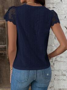 SHEIN Frenchy Women's Lace Patchwork Short Sleeve Textured Fabric Summer T-Shirt Casual Blue - Navy Blue - View 3